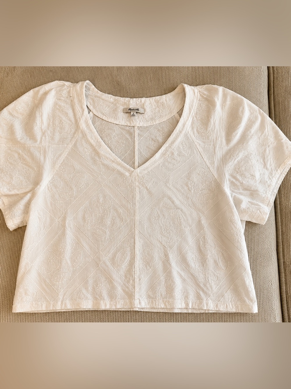Madewell White Embroidered V-Neck Women's crop Top